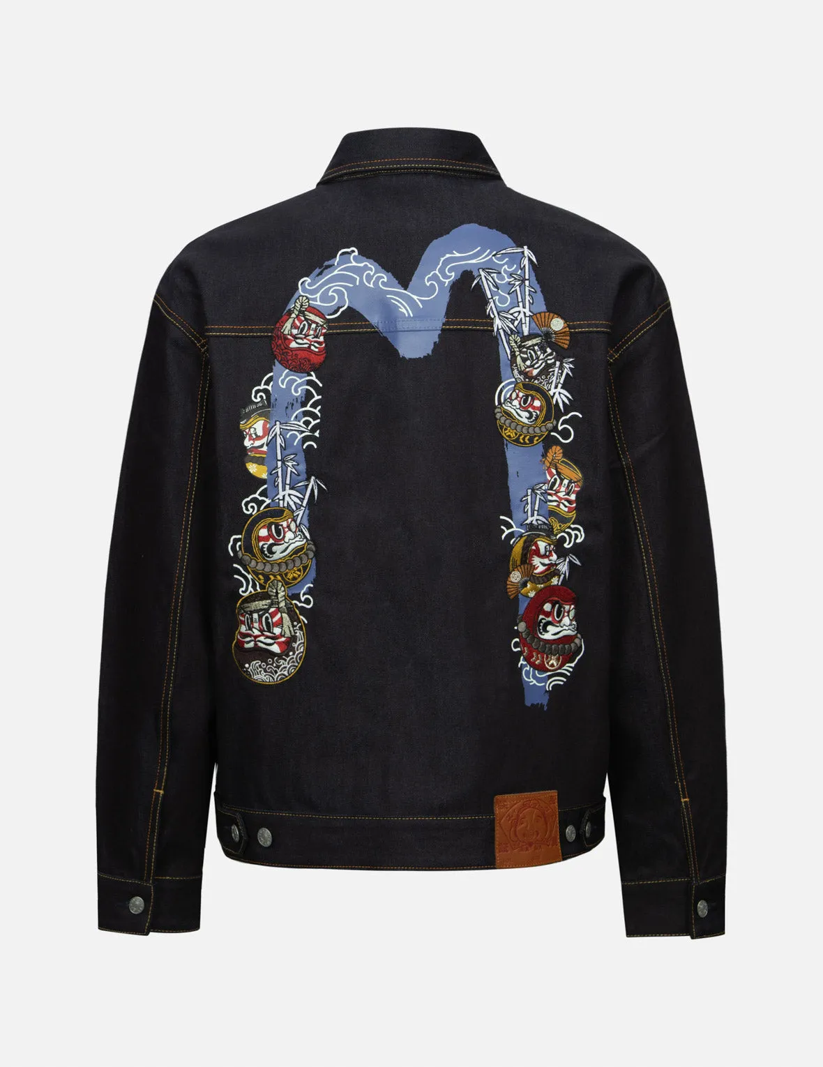 Kumadori Daruma Daicock Print and Embroidery Loose Fit Denim Jacket sold by Evisu