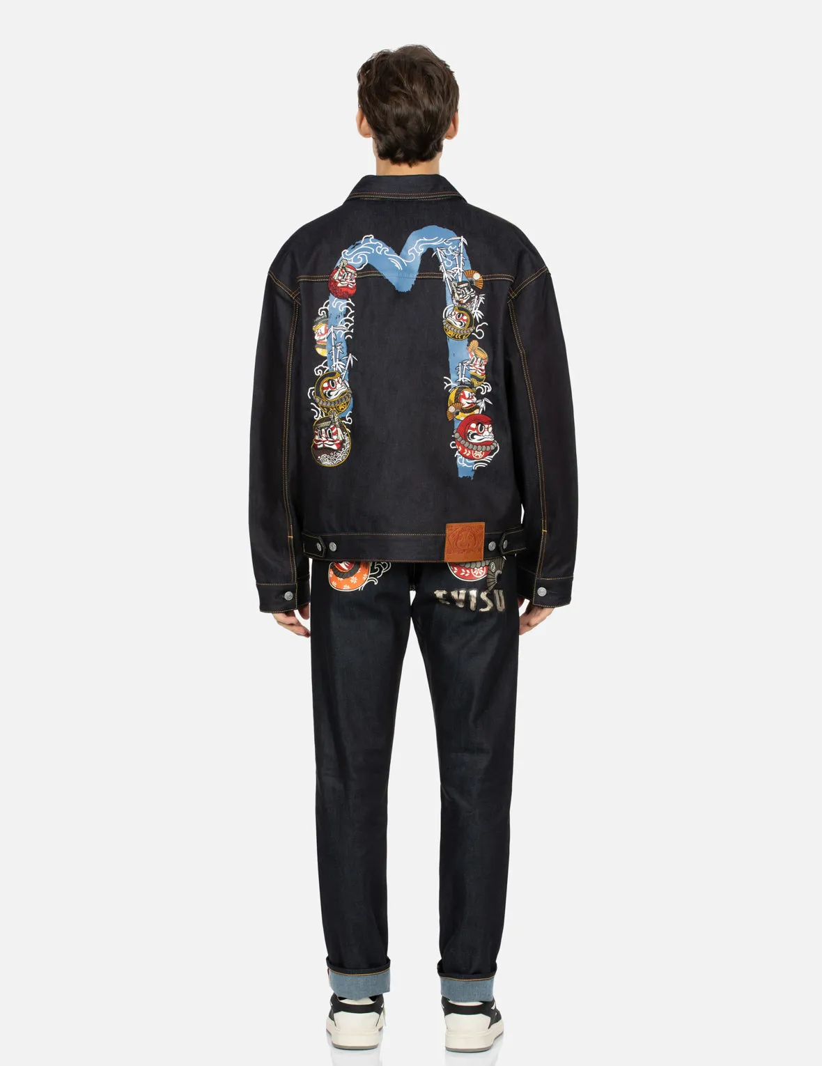 Kumadori Daruma Daicock Print and Embroidery Loose Fit Denim Jacket sold by Evisu product image thumbnail 5