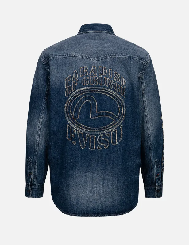Grunge Style Logo and Seagull Appliqué Relax Fit Denim Shirt sold by Evisu