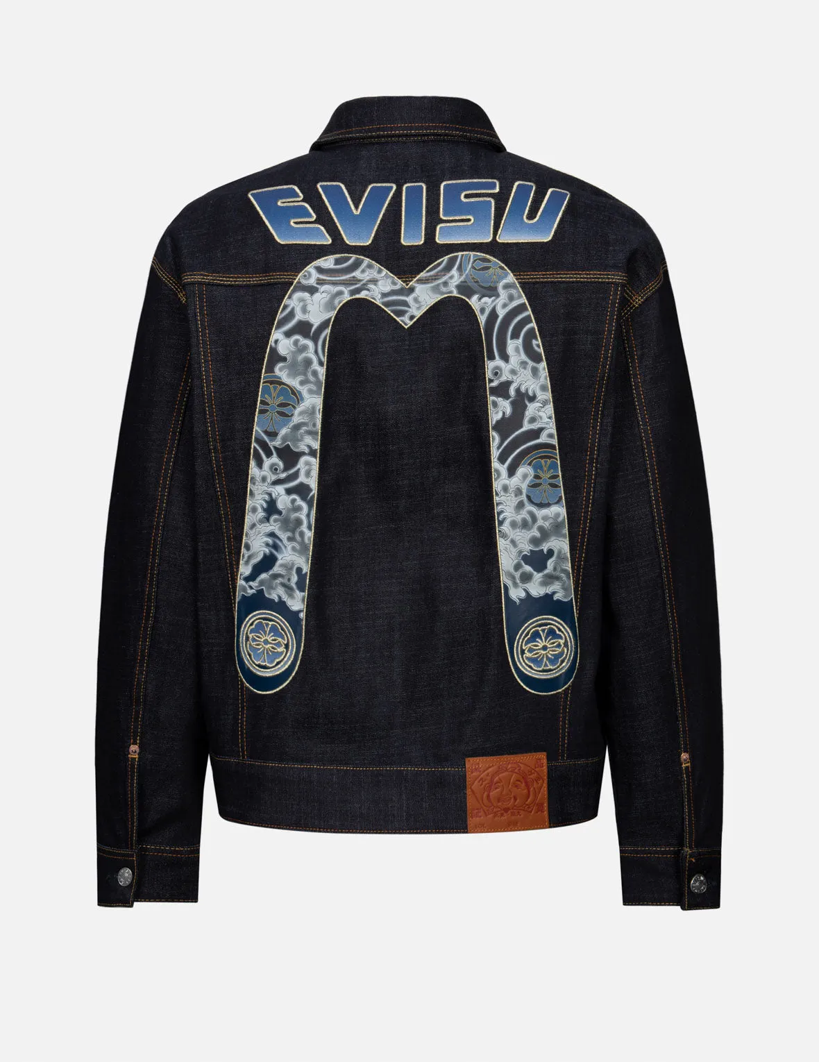 Cloud and Kamon-pattern Daicock Print Loose Fit Denim Jacket sold by Evisu