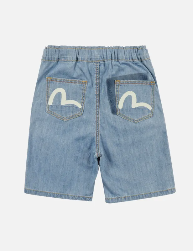 Seagull Print and Overlapping Multi-Pocket Regular Fit Denim Shorts sold by Evisu