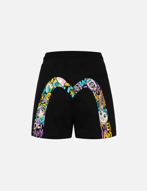 Color-blocking Daruma and Fortune Cat Daicock Print Loose Fit Sweat Shorts sold by Evisu