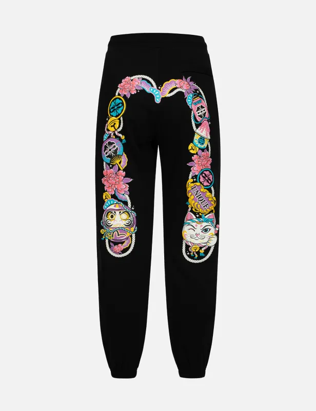 Daruma and Fortune Cat Print Daicock Loose Fit Sweatpants sold by Evisu