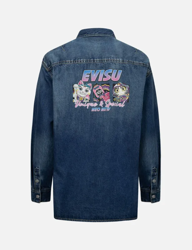 Logo Embossed Pocket and Multi-Print Boyfriend Denim Shirt sold by Evisu