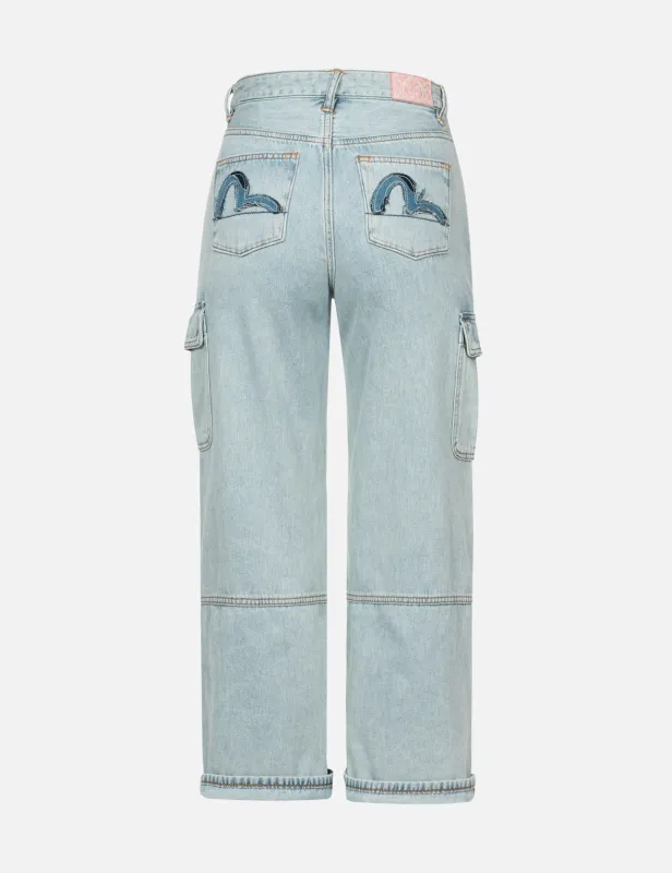 Multi-Pocket Distressed and Seagull Appliqué Fashion Fit Cargo Jeans sold by Evisu