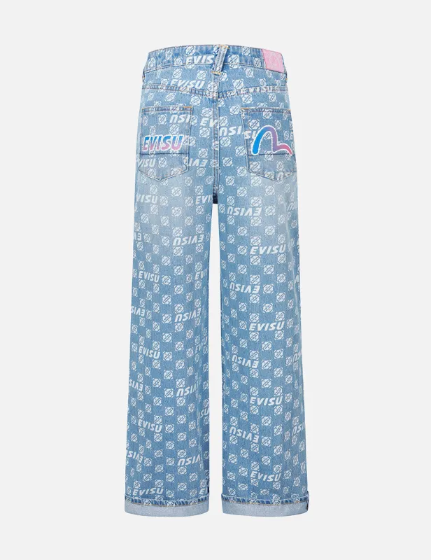 Allover and Gradient Seagull and Logo Wide-leg Fit Jeans sold by Evisu