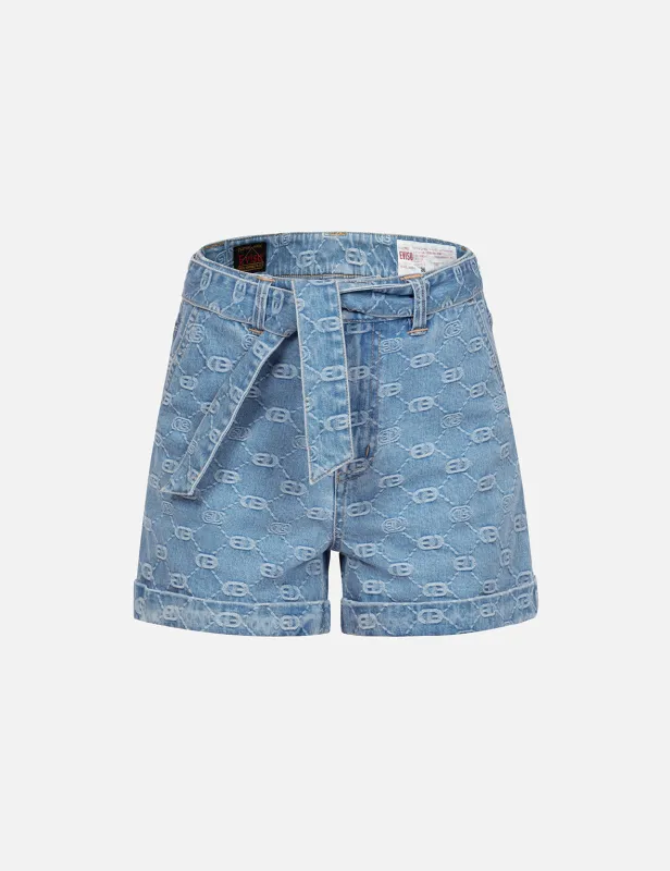 Allover Logo with Pink Diamond-Ironing Seagull Loose Fit Denim Shorts sold by Evisu