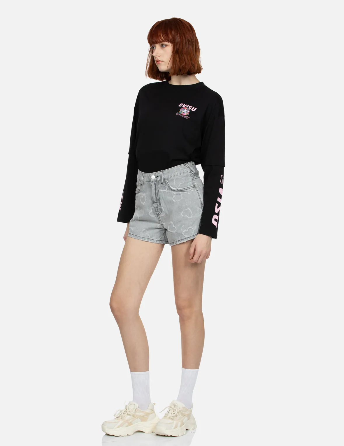 Seagull Embroidery and Allover Heart Fashion fit Denim Shorts sold by Evisu product image thumbnail 4