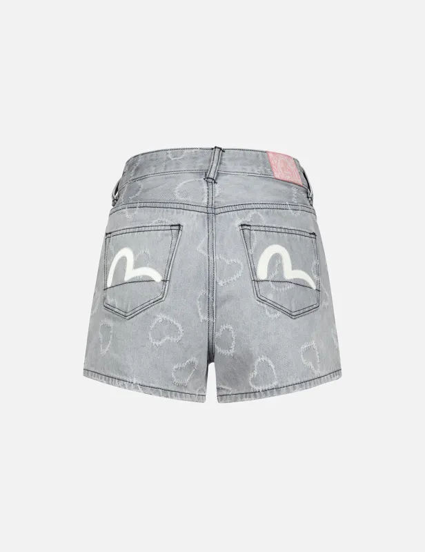 Seagull Embroidery and Allover Heart Fashion fit Denim Shorts made by Evisu