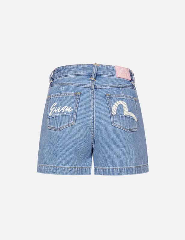 Seagull and Logo Print Fashion Fit Denim Shorts sold by Evisu
