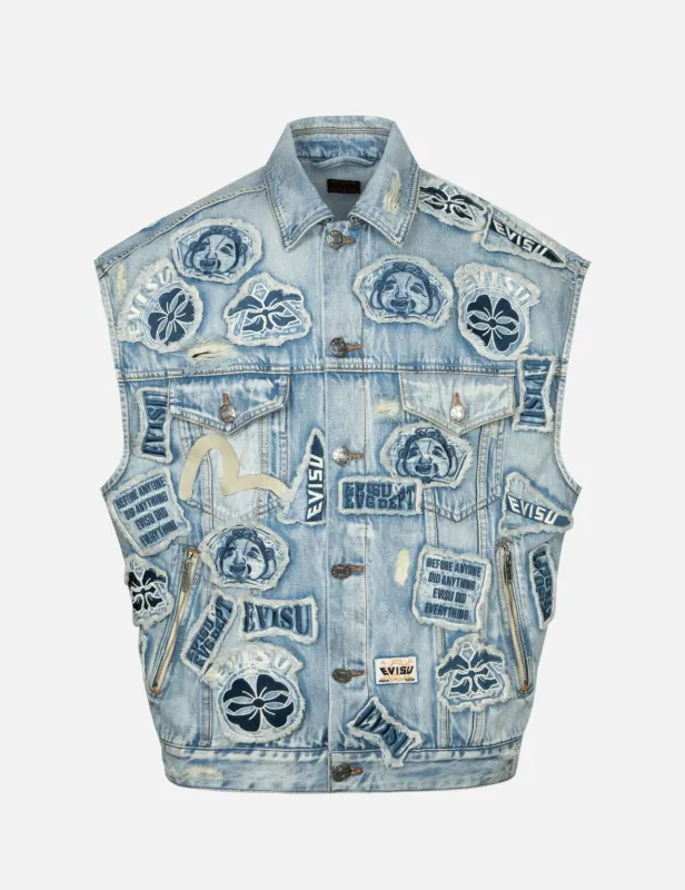 MultipleBadgesDeconstructed Loose Fit Denim Vest sold by Evisu