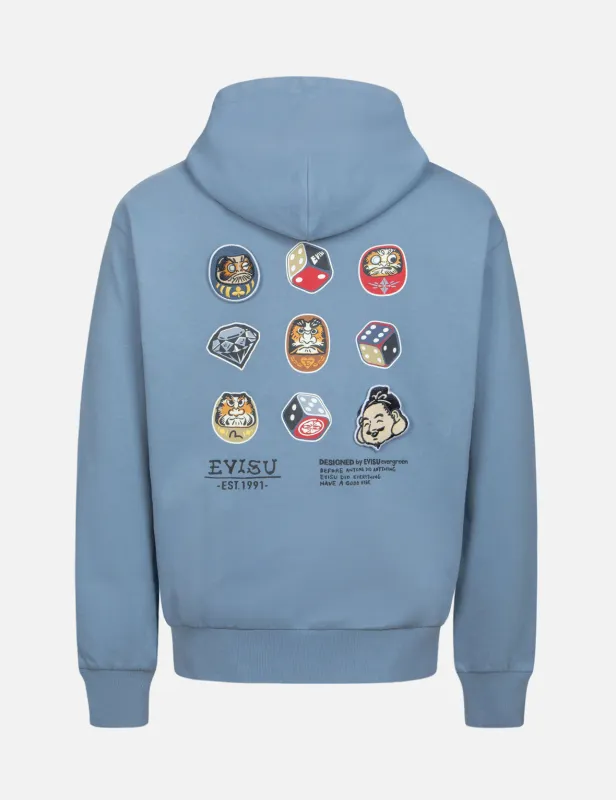 Daruma and Godhead Embroidered Badges Relax Fit Hoodie sold by Evisu