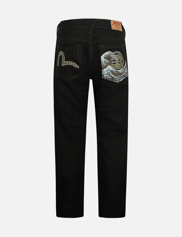 Seagull and The Great Wave Embroidery Taper Pants sold by Evisu