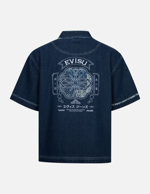 Kamon Appliqué Embroidery Loose Fit Denim Kimono sold by Evisu