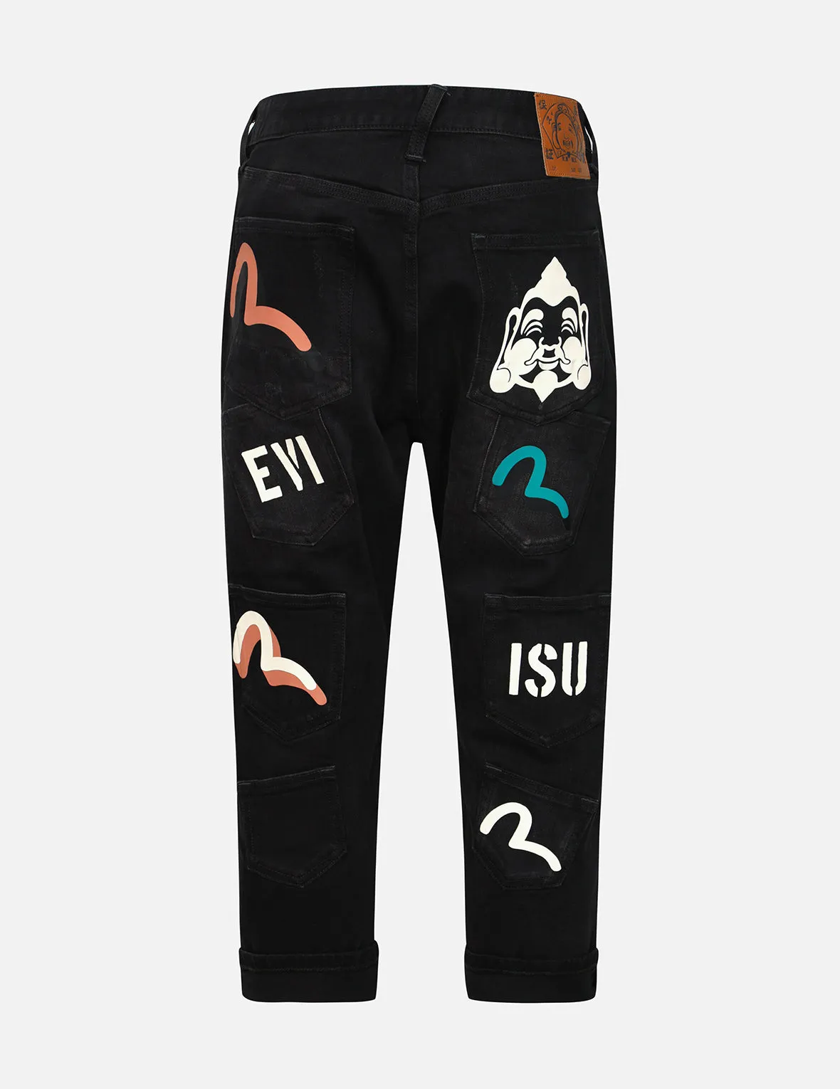 Multi-pocket and Multi-print Cropped-Fit Jeans #2027 sold by Evisu