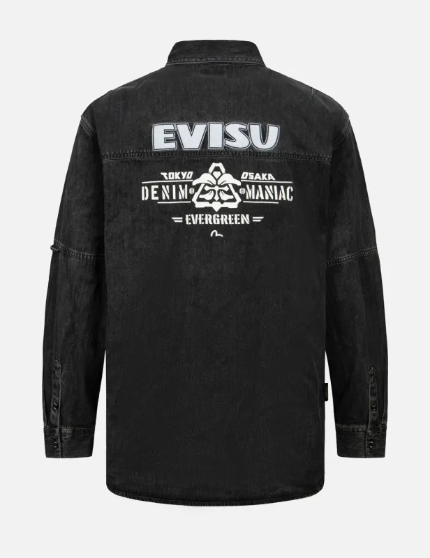 Kamon Print and Logo Embroidery Loose Fit Denim Shirt sold by Evisu