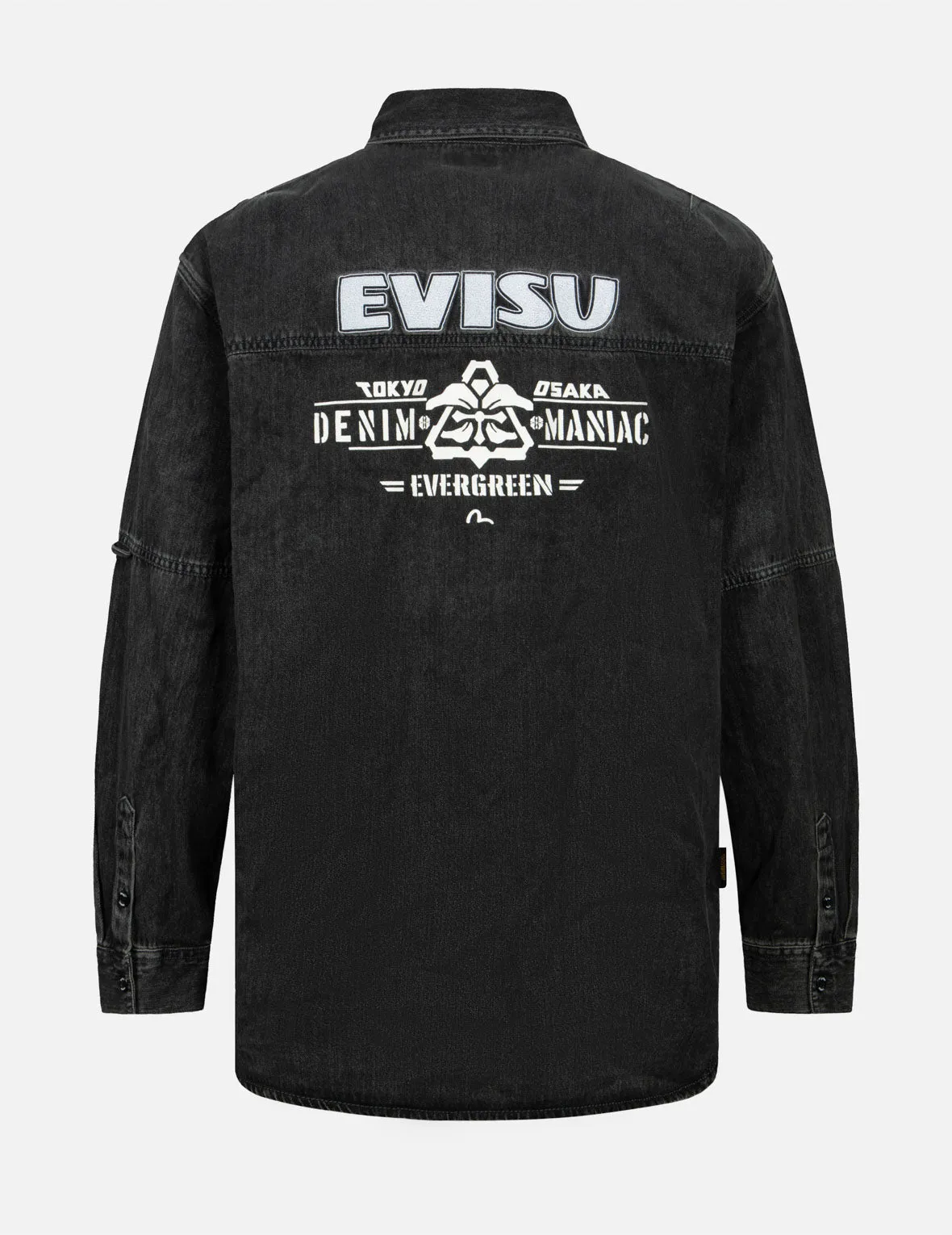 Kamon Print and Logo Embroidery Loose Fit Denim Shirt sold by Evisu