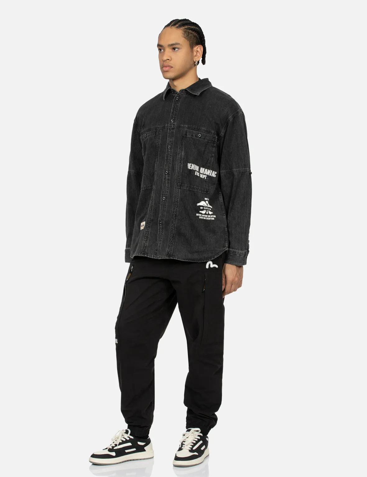 Kamon Print and Logo Embroidery Loose Fit Denim Shirt sold by Evisu product image thumbnail 4