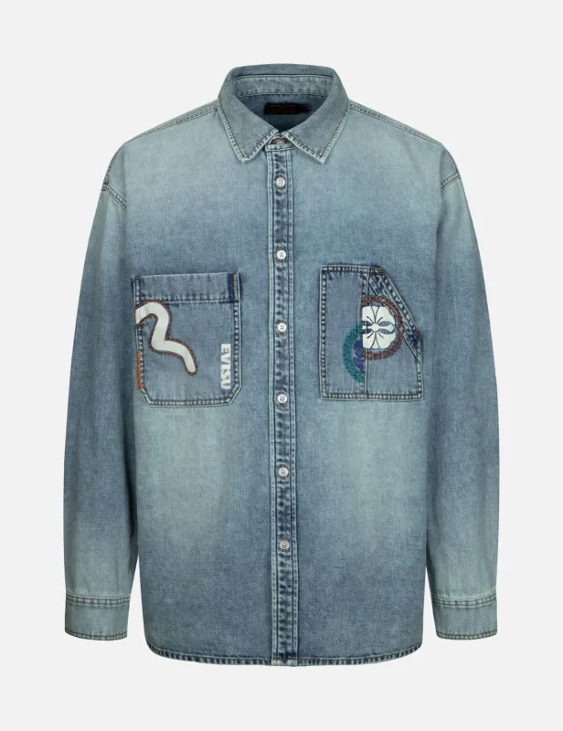 Hand-Stitched and Multi-Print Loose Fit Denim Shirt sold by Evisu