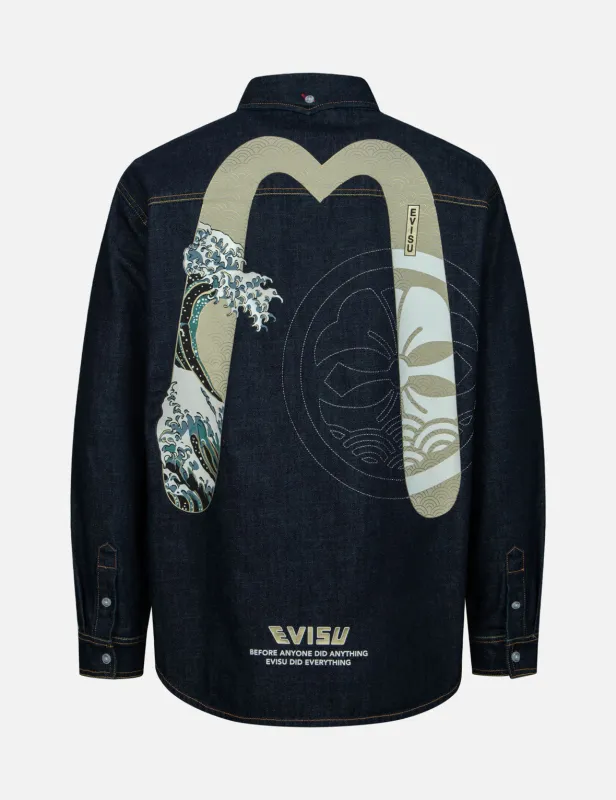 Kamon Stitching and The Great Wave Daicock Print Relax Fit Denim Shirt sold by Evisu