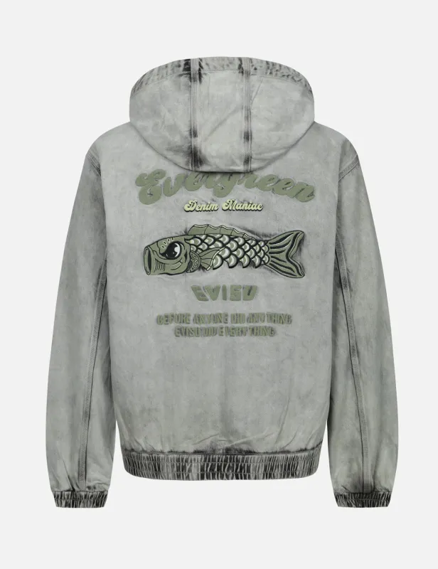 Koinobori and Seagull Embroidery Loose Fit Hooded Denim Jacket sold by Evisu