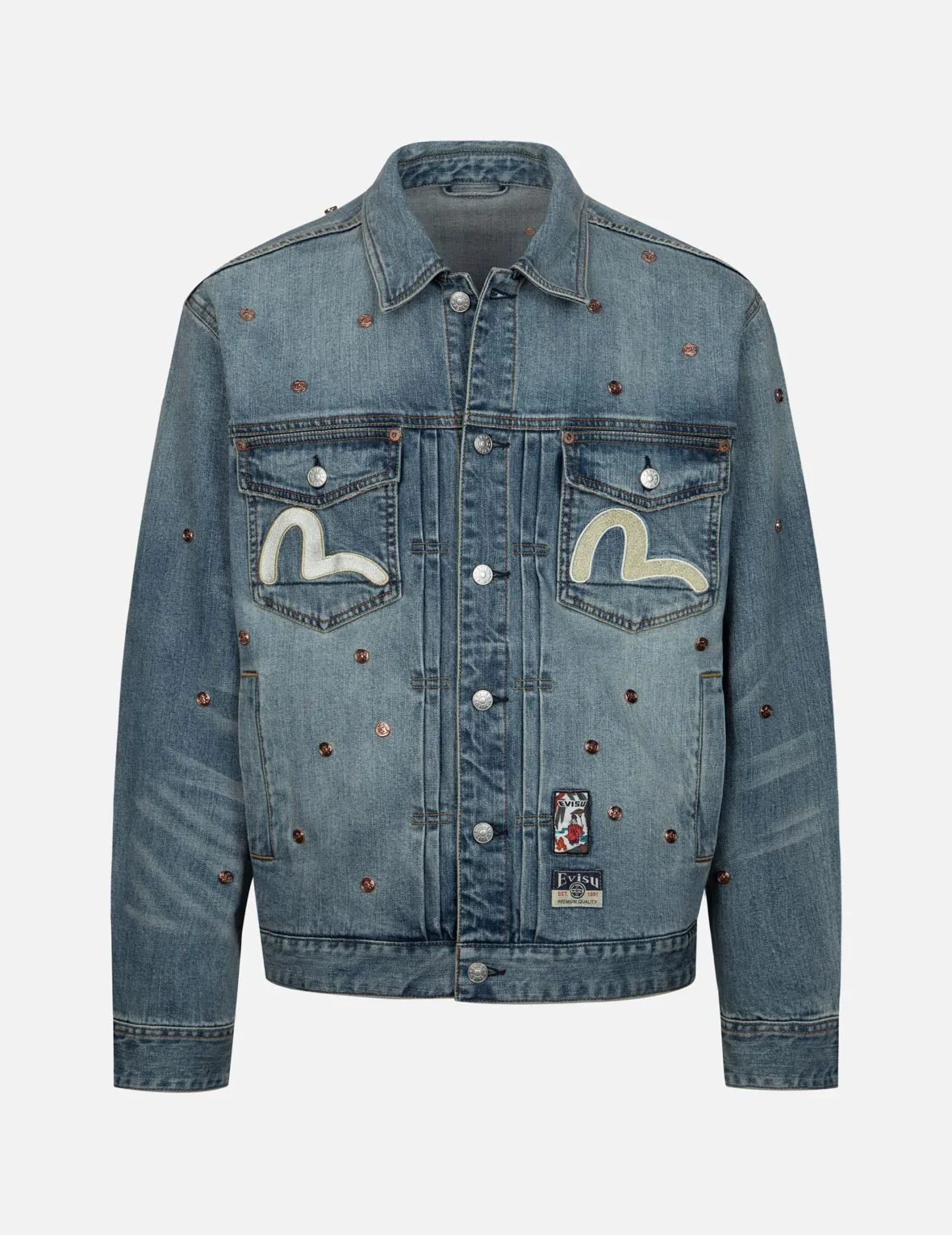 Allover Rivets and Seagull Applique Relax Fit Denim Jacket sold by Evisu
