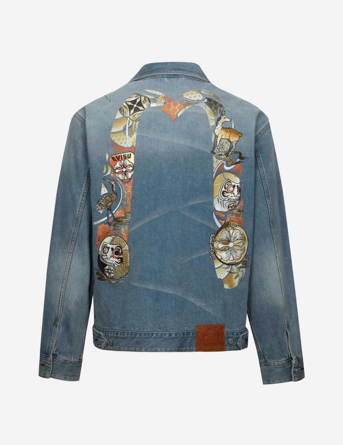 Hanafuda Daruma Daicock Embroidery Relax Fit Denim Jacket sold by Evisu