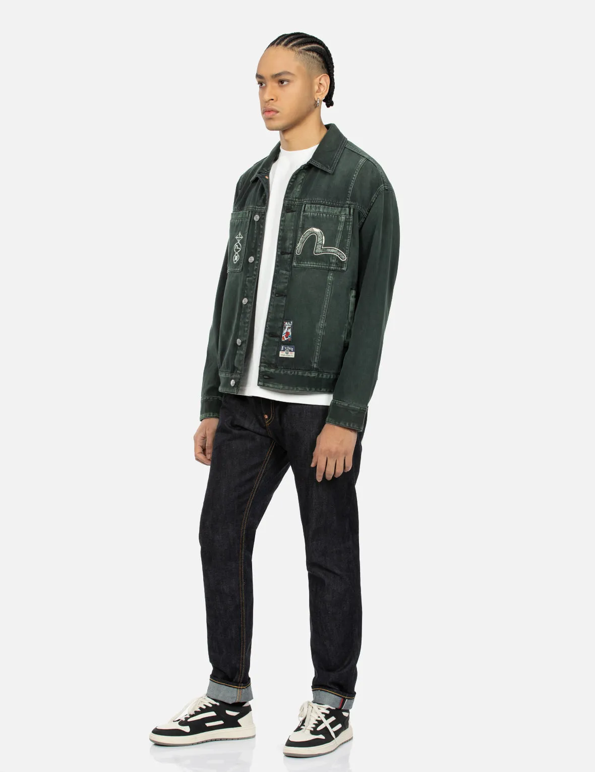 Green Tone Washed Effect with Logo Embroidery Loose Fit Denim Jacket sold by Evisu product image thumbnail 4