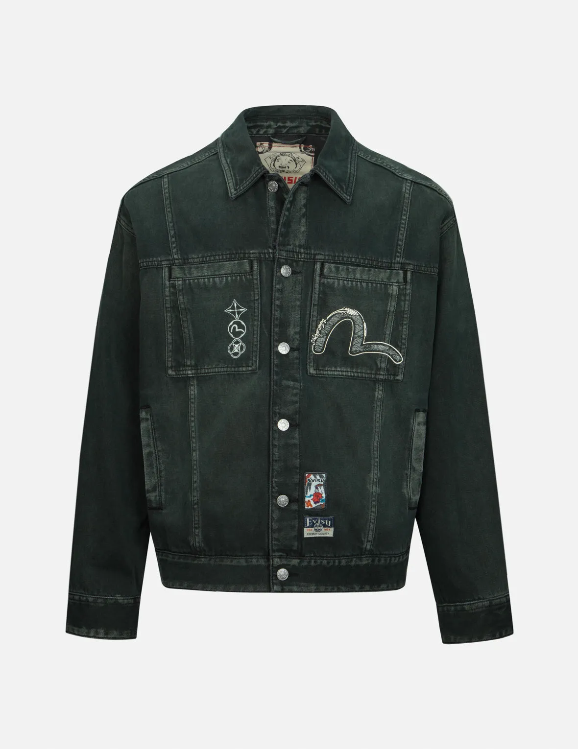 Green Tone Washed Effect with Logo Embroidery Loose Fit Denim Jacket sold by Evisu product image thumbnail 2