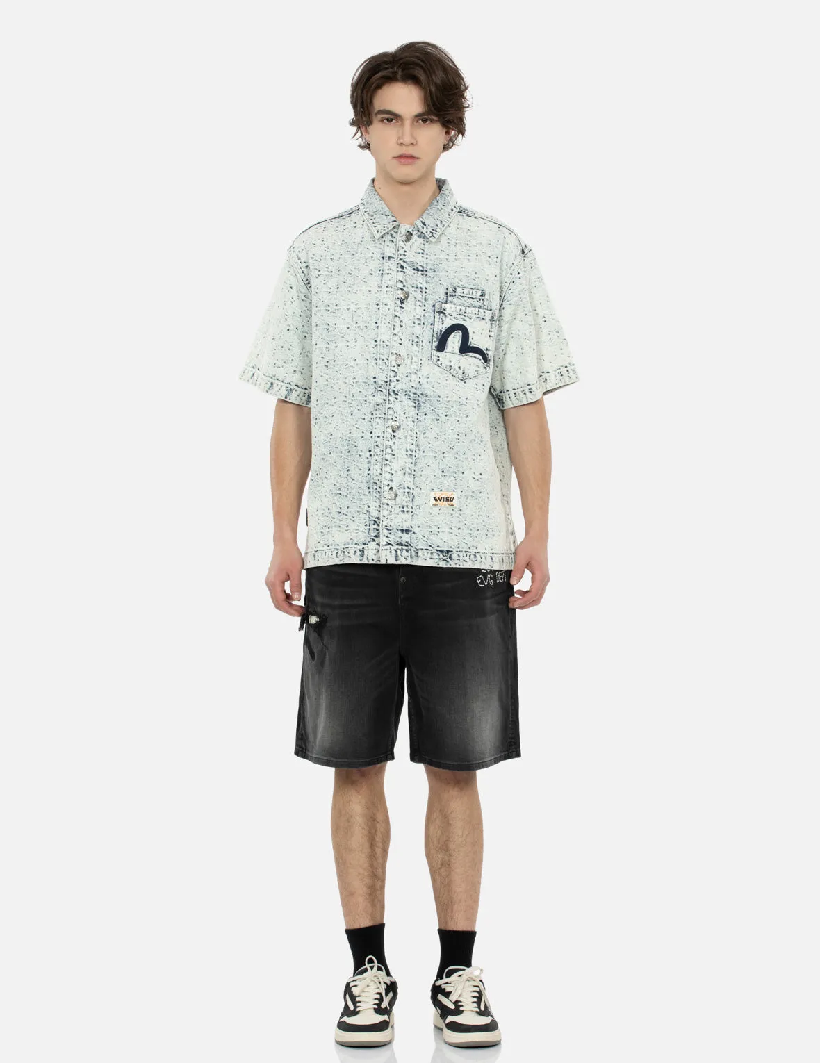 Washed Allover Kamon Jacquard and Seagull Embroidery Boxy Denim Shirt sold by Evisu product image thumbnail 5