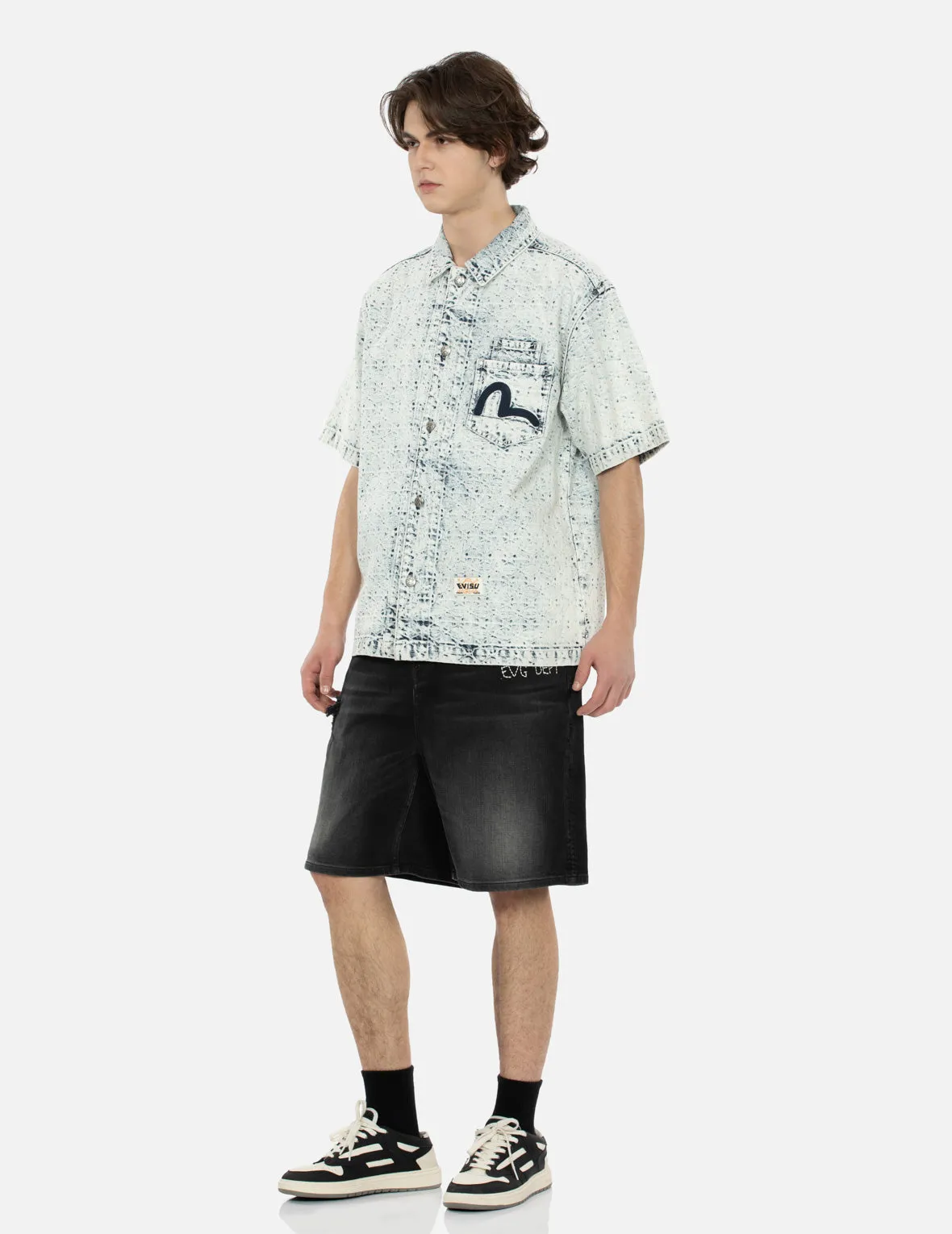 Washed Allover Kamon Jacquard and Seagull Embroidery Boxy Denim Shirt sold by Evisu product image thumbnail 3