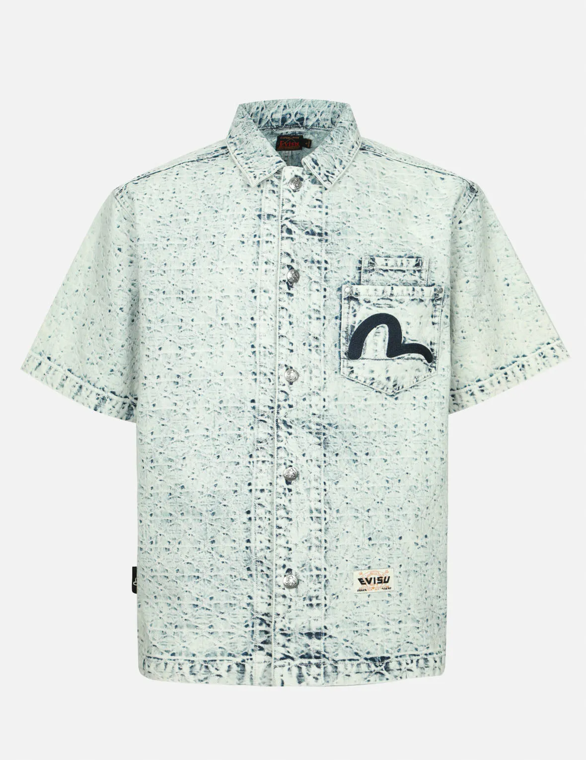 Washed Allover Kamon Jacquard and Seagull Embroidery Boxy Denim Shirt sold by Evisu
