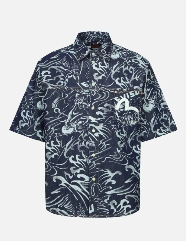 Allover Seagull and Carp Extracted Print Loose Fit Denim Shirt sold by Evisu
