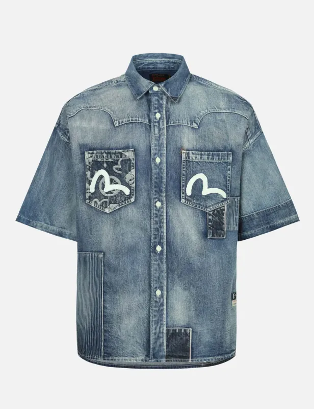Seagull Print and Multi-Patches Loose Fit Denim Shirt sold by Evisu