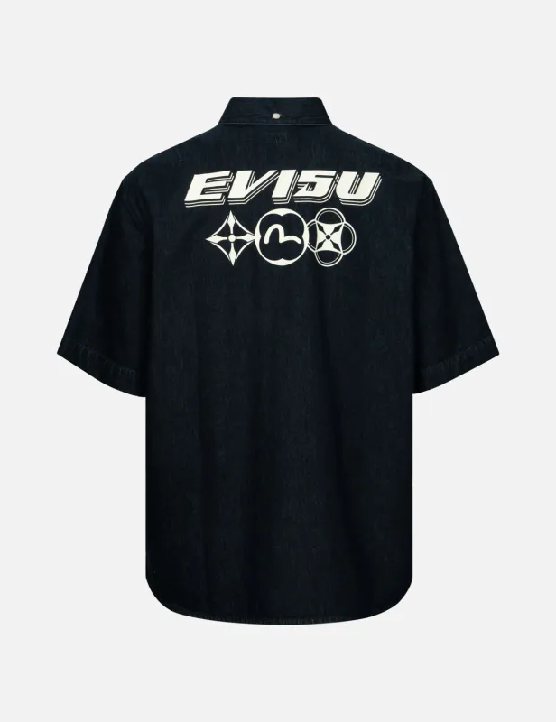 Kamon and Logo Print Oversized Denim Short-Sleeves Shirt sold by Evisu