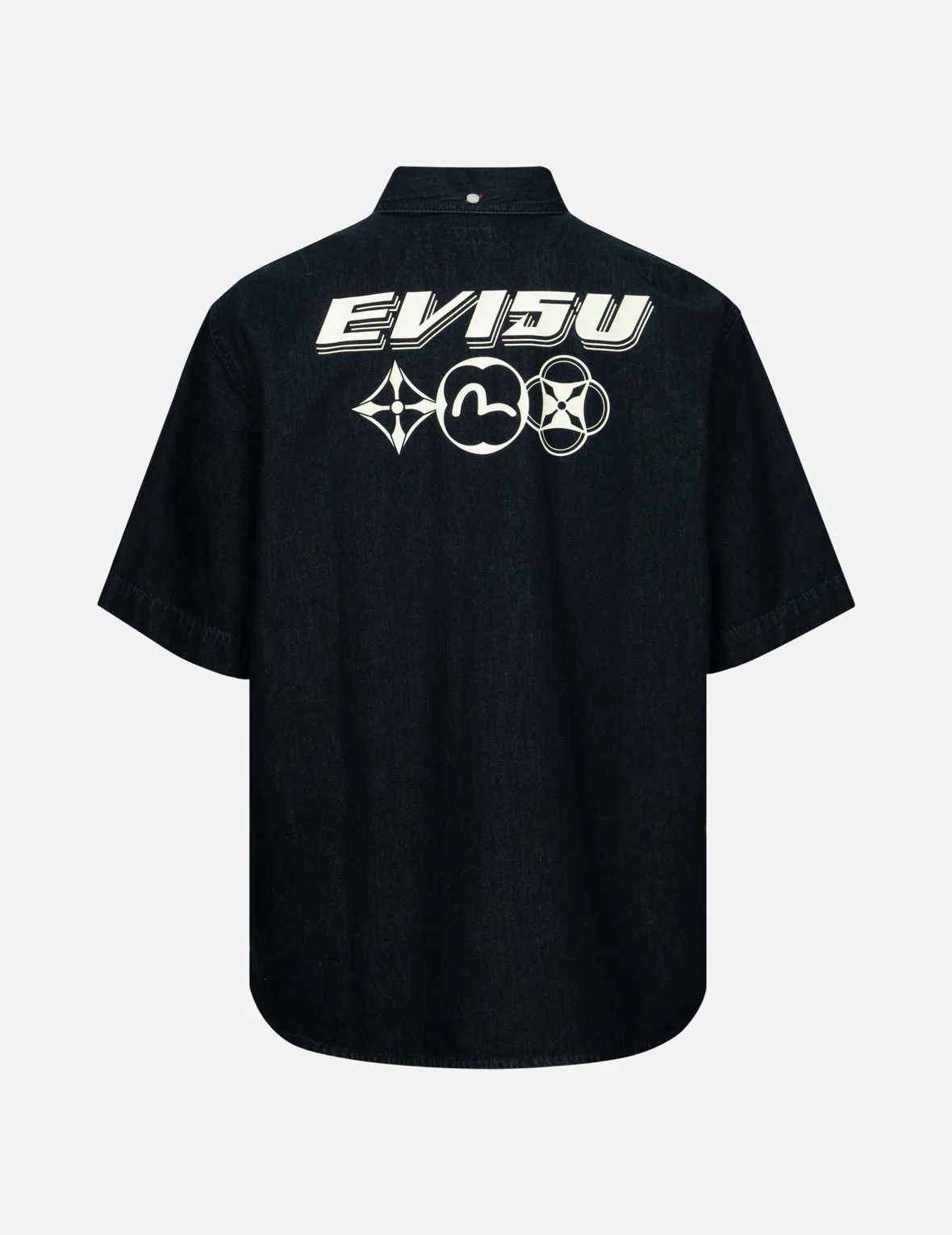 Kamon and Logo Print Oversized Denim Short-Sleeves Shirt sold by Evisu
