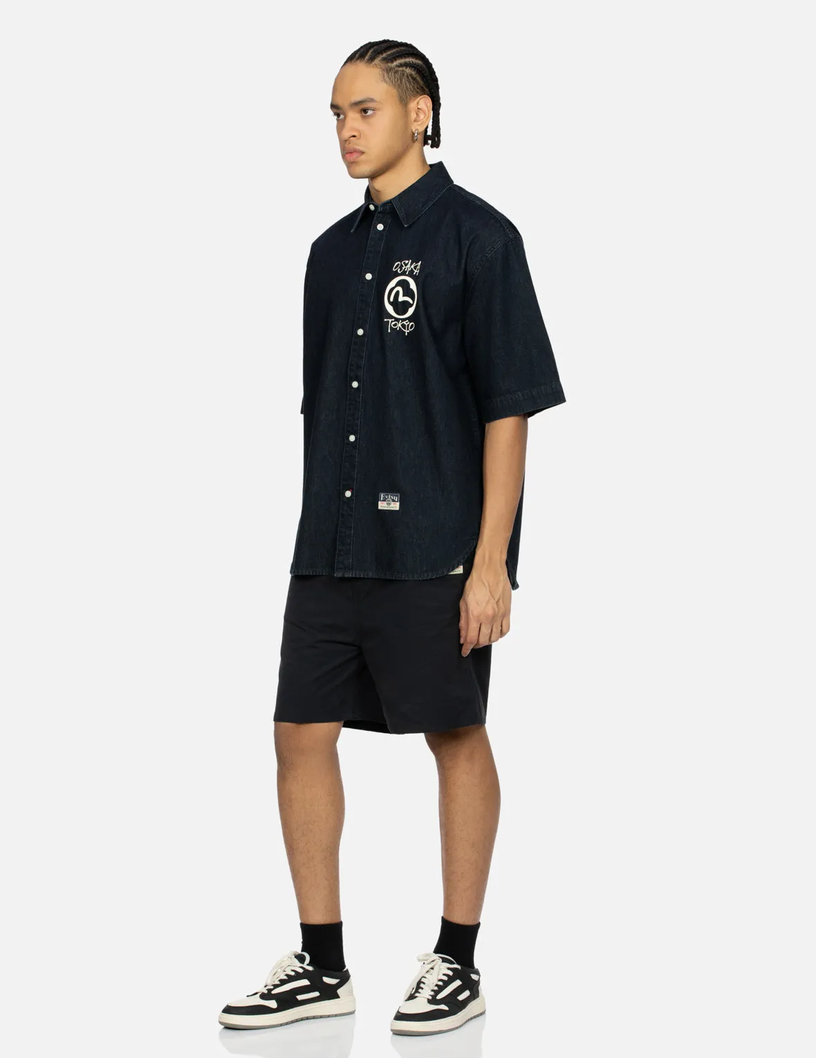 Kamon and Logo Print Oversized Denim Short-Sleeves Shirt sold by Evisu product image thumbnail 4