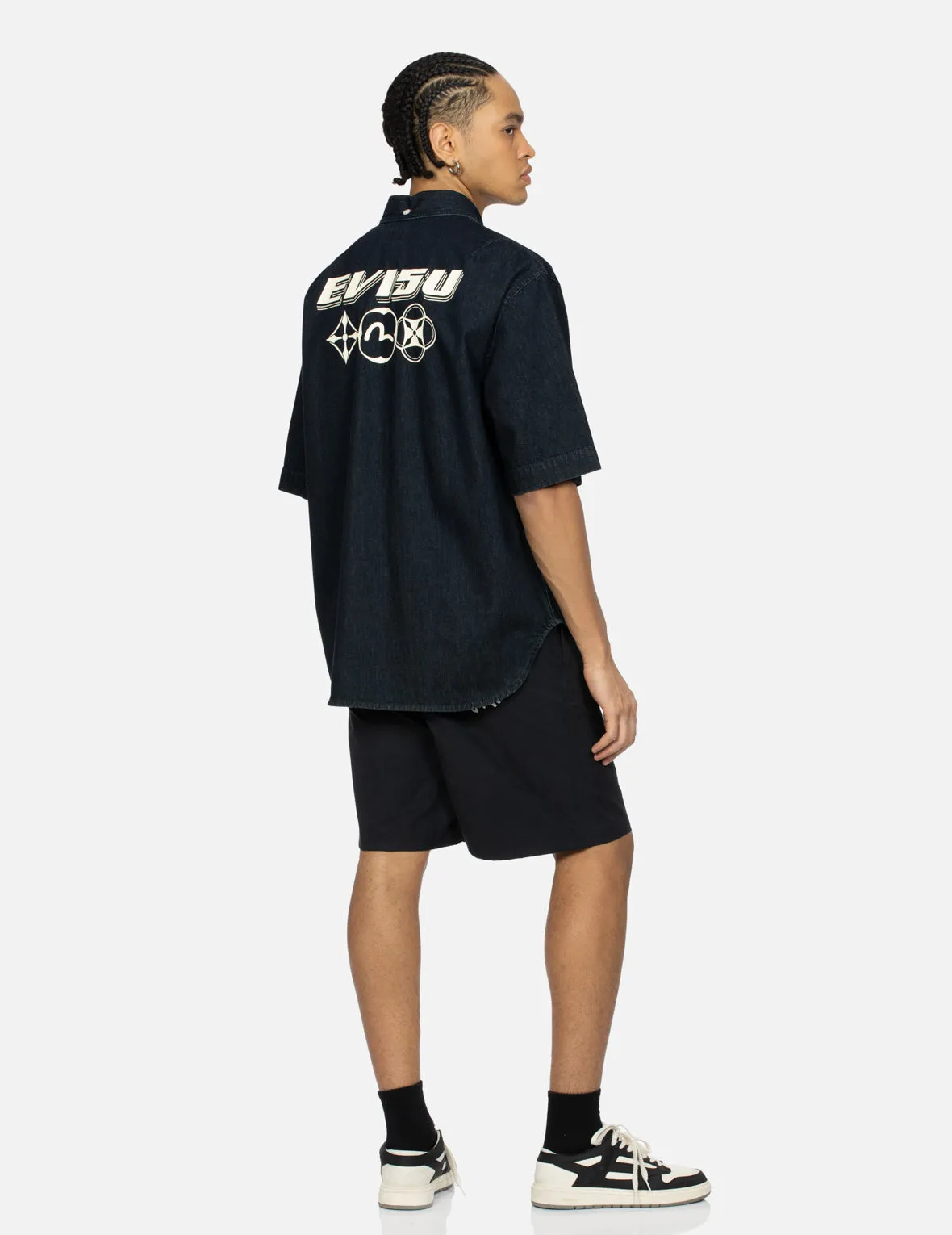 Kamon and Logo Print Oversized Denim Short-Sleeves Shirt sold by Evisu product image thumbnail 3