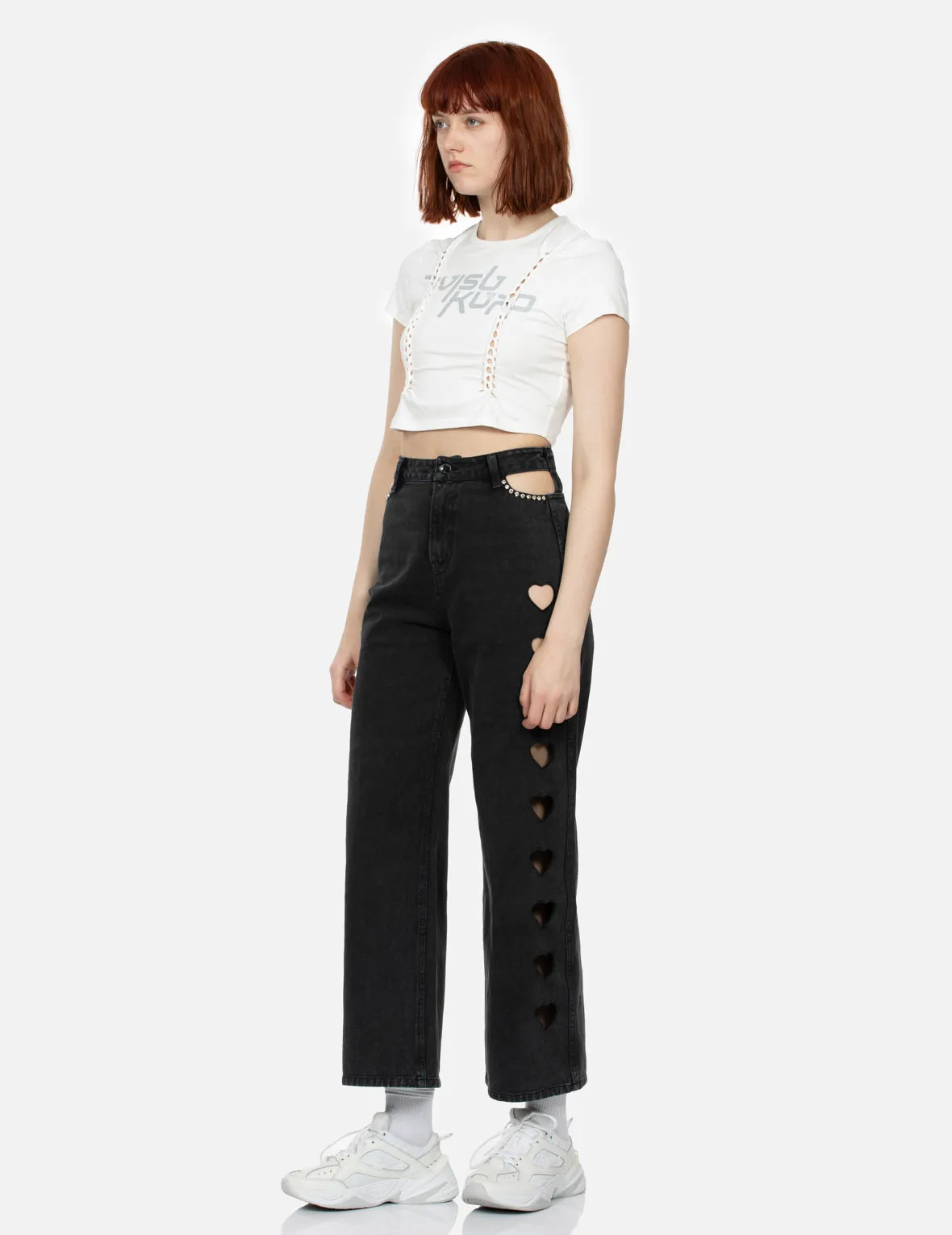 Rhinestone Embellished and Heart Shape Cut-Out Wide Leg Jeans sold by Evisu product image thumbnail 4