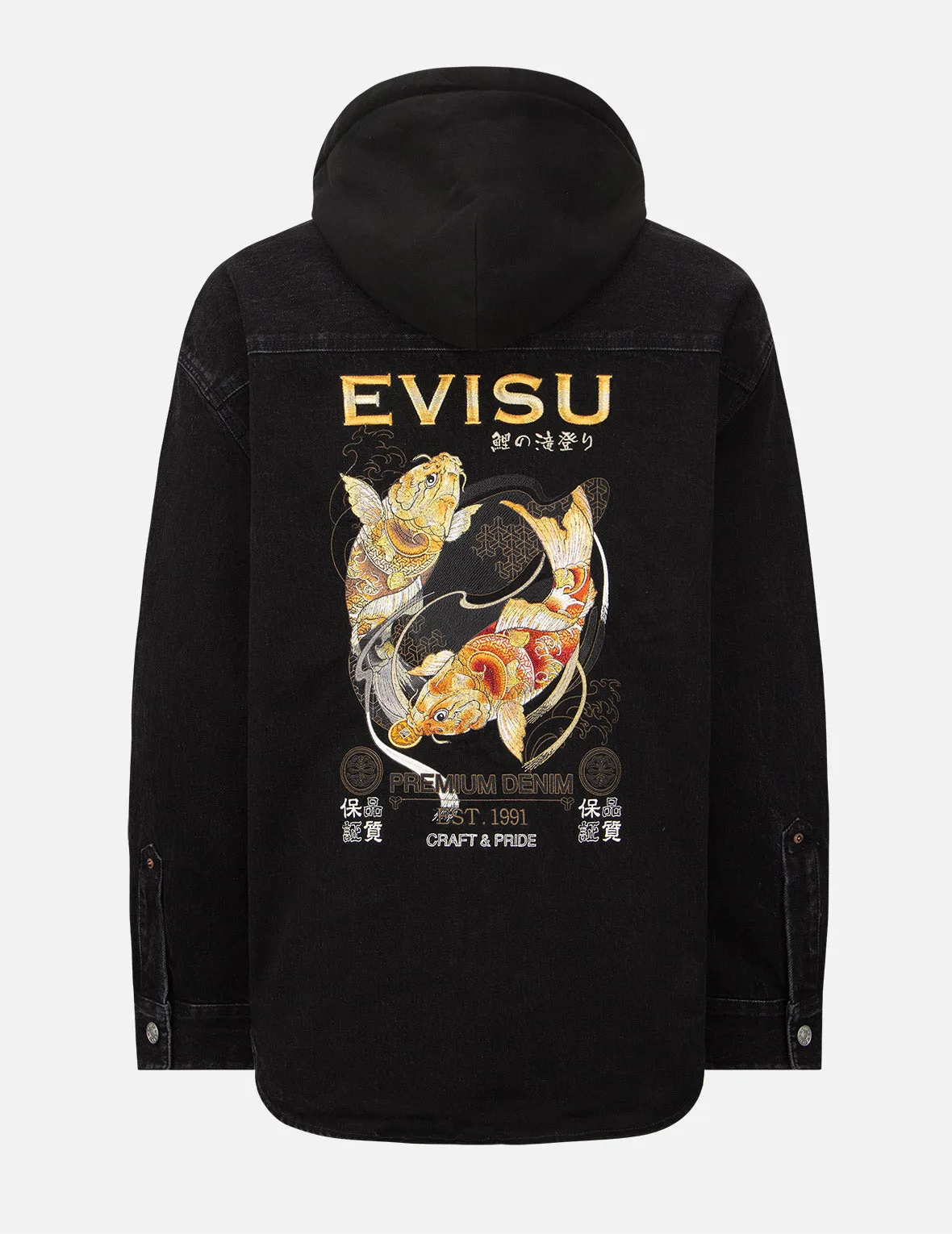 Tattoo Koi Embroidery Denim Shirt Jacket with Detachable Hood sold by Evisu