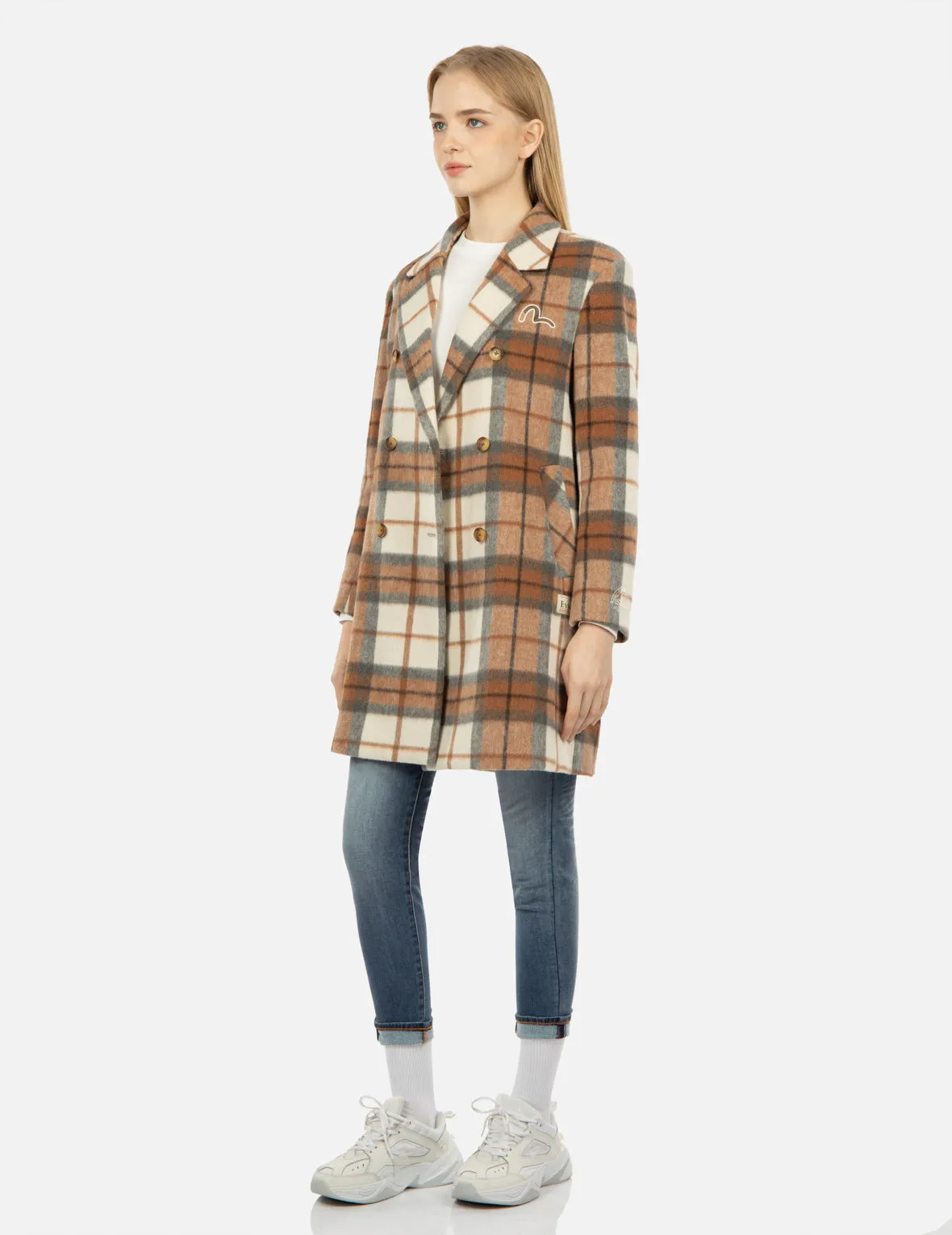 Seagull Embroidery Checked Wool-Blend Coat sold by Evisu product image thumbnail 3