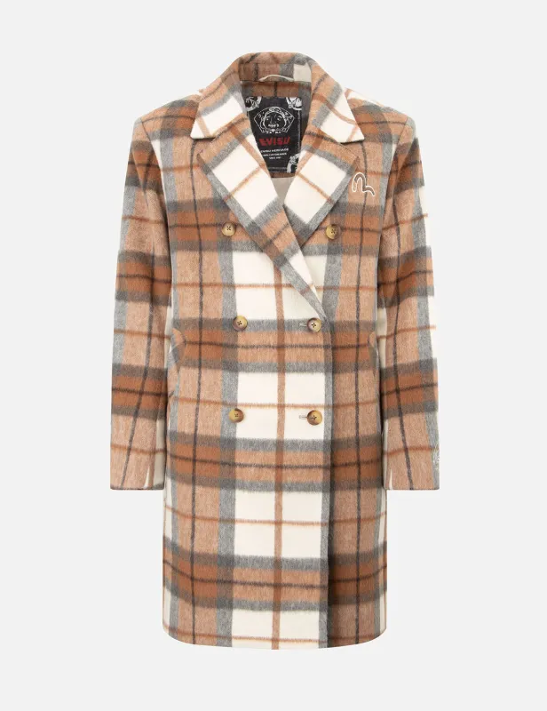 Seagull Embroidery Checked Wool-Blend Coat sold by Evisu