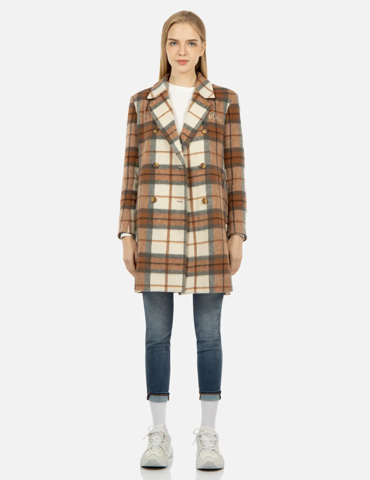 Seagull Embroidery Checked Wool-Blend Coat sold by Evisu product image thumbnail 5
