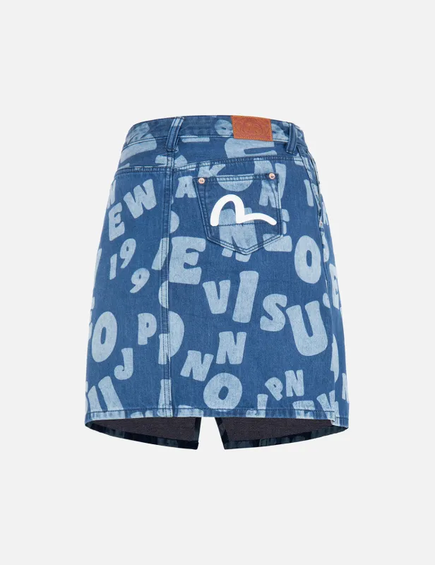 Allover Text Discharge Print Denim Skirt sold by Evisu