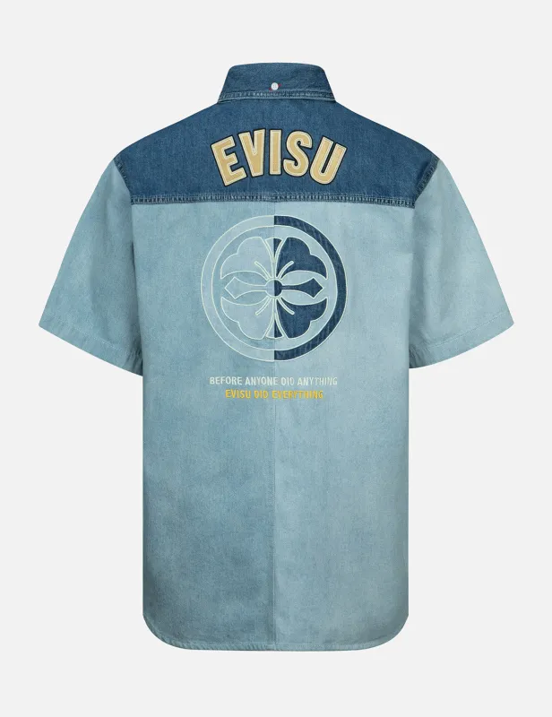 Kamon Appliqué Fabric Blocking Denim Shirt sold by Evisu