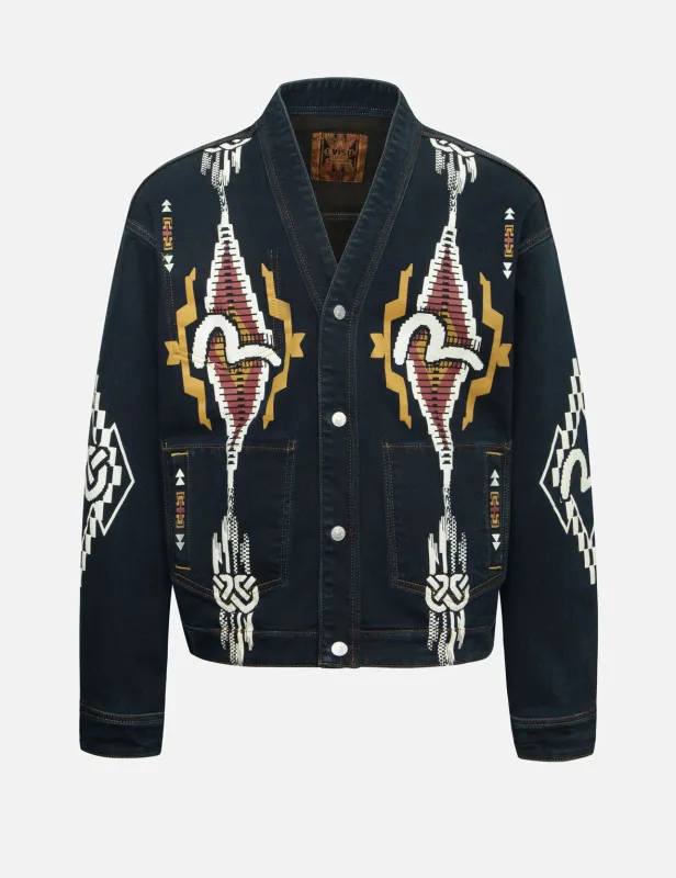 Chimayo Tapestry and Seagull Print Reversible Boxy Denim Jacket made by Evisu