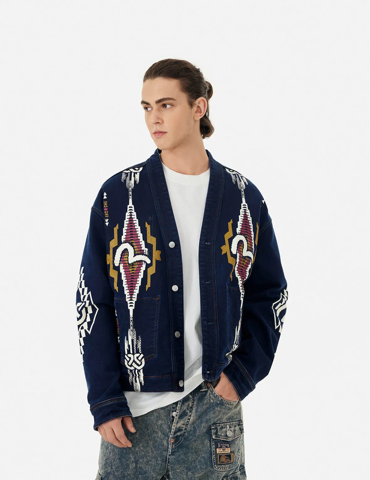 Chimayo Tapestry and Seagull Print Reversible Boxy Denim Jacket sold by Evisu product image thumbnail 5