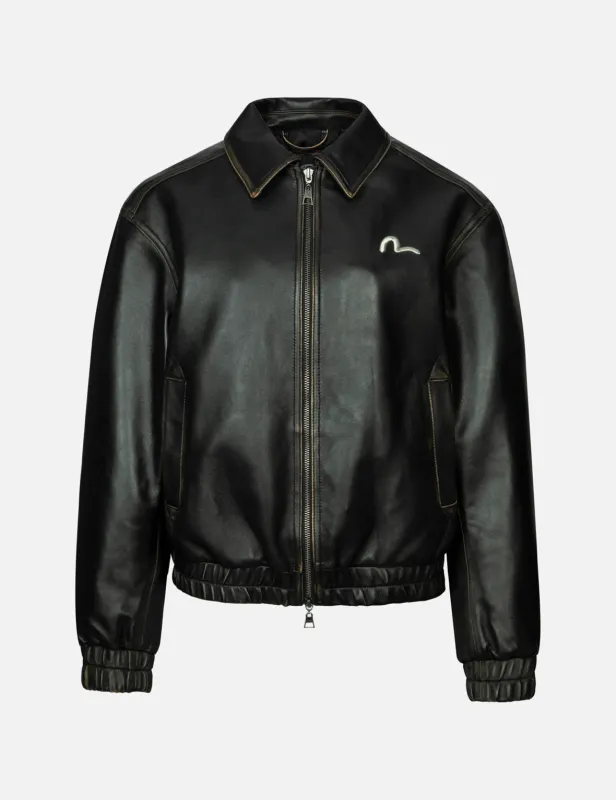 Seagull Embroidery and Logo Appliqué Fashion Fit Leather Jacket sold by Evisu