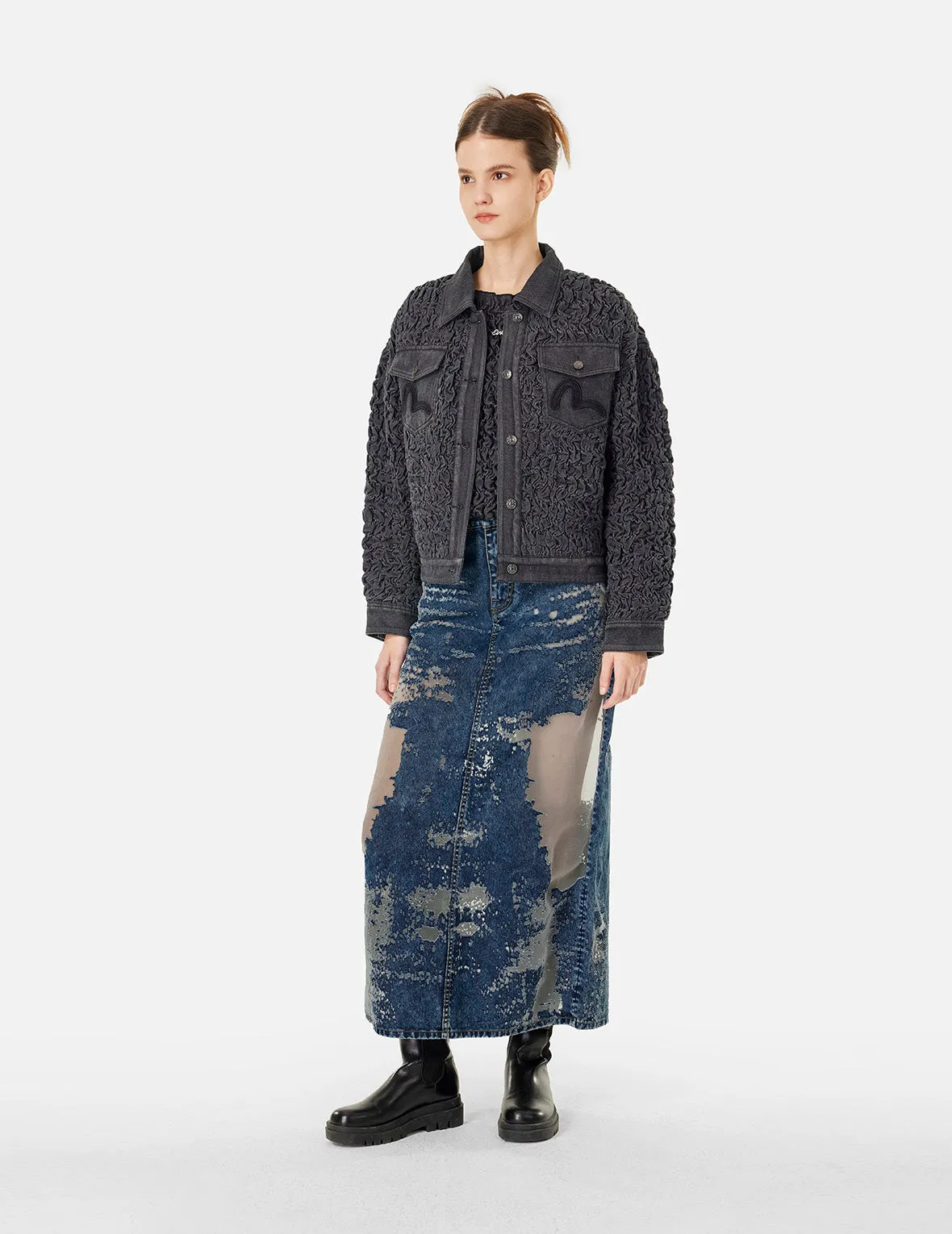 Seagull Embroidery Fashion Fit Burn-Out Denim Skirt sold by Evisu product image thumbnail 3
