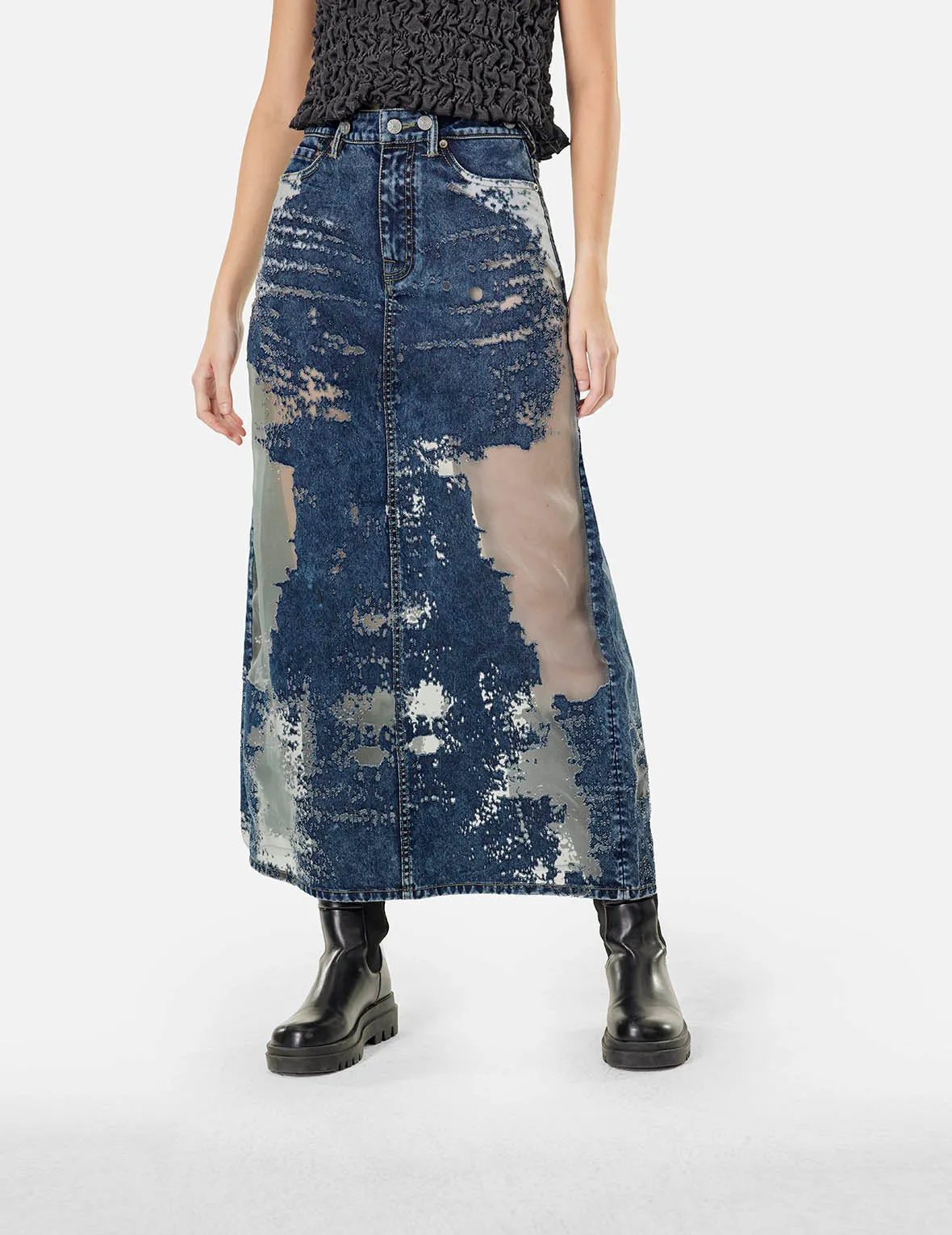 Seagull Embroidery Fashion Fit Burn-Out Denim Skirt sold by Evisu product image thumbnail 5